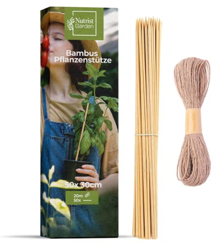 Nutrist Garden 50x Premium Rankhilfe mit Juteband - Pflanzenstütze für Kletterpflanzen - Zimmerpflanzen, natürliches Rankgitter Pflanzstab - Garten Zubehör - 30 cm au Bambus Ø mm + 20m Juteschnur