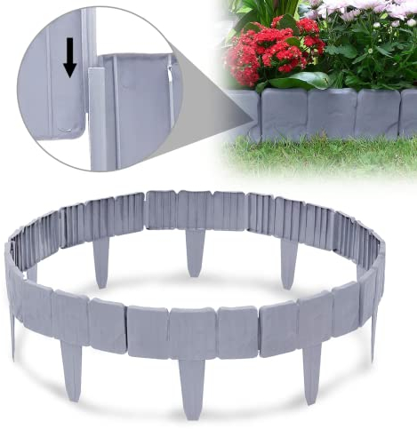 UISEBRT Rasenkante Kunstoff 5m Beeteinfassung Gartenzaun Beetumrandungen Steinoptik Randsteine Palisaden Garten Dekorativ Border Blumenbeet, 1 Element (L x H): 25cm x 23cm, Grau