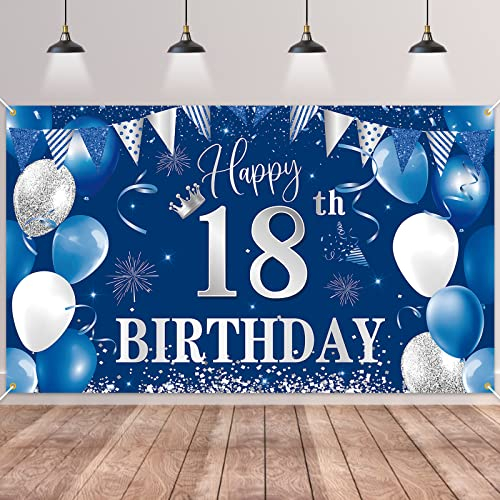 18.Geburtstag Banner Blau,BTZO 18.Geburtstag Jungen,Deko 18 Geburtstag Mädchen,18 Geburtstag Hintergrund Banner für 18 Party Geburtstagsdeko