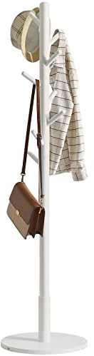IBUYKE Freistehende Kleiderständer in Baumform, Garderobenständer Holz Bodenständer, Standgarderobe Runde Basis, Mit 8 Haken, Für Kleidung, Taschen, Hüte, Wohnzimmer, Flur, Weiß WD-114