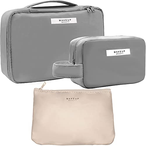 LEcylankEr 3 Stück Kosmetiktasche Set Tragbare Make Up Tasche Reise wasserdichte Schminktasche Damen Groß Kapazität Toiletry Bag für Kosmetika und Toilettenartikel (grau)