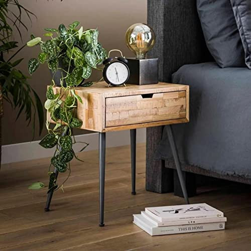 Ringo-Living Massivholz Nachttisch mit Schublade Rinara, Stauraum Nachttisch Industrial Style, Wohnzimmertisch 50 cm hoch, Wohnzimmertisch Industrie Style, Nachttisch Holz & Metall, Nachttisch braun
