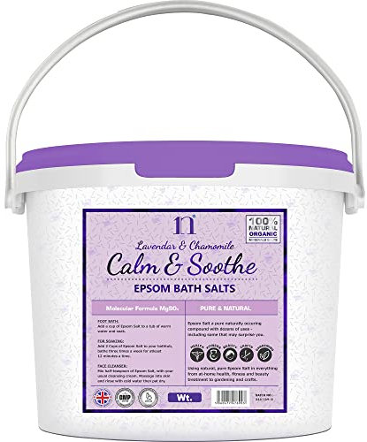 1n Scented Epsom Salt Calm & Soothe Salts with Lavender & Chamomile Bucket Food Grade Magnesium Sulphate Foot Soak Salts Bath Epsom Salts (Lavender & Soothe, 5KG)
