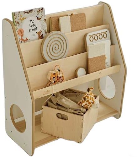 Babywood Bücherregal aus Holz für Kinder | Kinderregal mit 2 Spielzeugkisten | Montessori Kinderbücherregal | sicheres Bücherregaler | Bücherregal für das Kinderzimmer