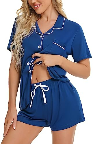 SWOMOG Women Pyjamas Set Short Sleeve Sleepwear Womens Button Down Nightwear PJ Set with Pockets Navy