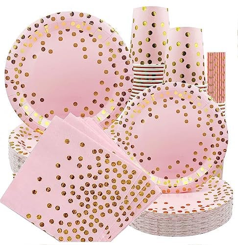 80Pcs Pink and Gold Party Supplies, 20 Guests Disposable Party Plates Tableware Napkins Cups Straws Paper Tableware Set Golden Dot Party Tableware Pink Gold Party Tableware for Wedding Shower Birthday