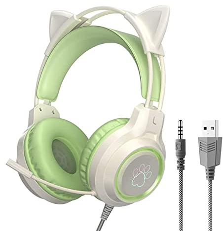 Gaming Headset with Removable Cat Ears, 3.5mm Wired Headphones with Adjustable Microphone, Extendable Padded headband, Noise Cancelling and RGB Light Headphones for Xbox/PS4/Switch/Mac/Phone (Green)