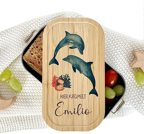 Manufaktur Liebevoll - Personalisierte Brotdose mit Fächern, Edelstahl Lunchbox mit Bambus Deckel u. Trenner, Nachhaltige Brotbüchse | Mädchen, Jungen (Motiv Delfine, Edelstahl | S)
