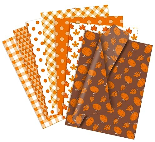 Larcenciel Halloween Seidenpapier 70 Blatt, Herbst Seidenpapier zum Verpacken, Thanksgiving Geschenkpapier mit Ahornblätter Kürbis Geometrische Muster, Verpackungsmaterial für Geschenk, 50×35cm