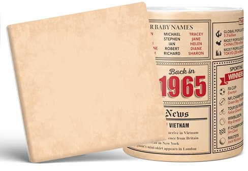 Mug Monster - 60th Birthday Gifts for Men - Back in 1965 in This Year Mugs, Unusual 60th Birthday Gifts for Women, Wedding Anniversary Present, 20oz Extra Large Giant White Coffee Mug & Coaster