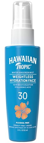 Hawaiian Tropic Weightless Hydration Water Mist for Face SPF 30, 2.1 Fl Oz, Travel Size SPF Face Mist Hydrating Spray, Non-Comedogenic Sunscreen Facial Mist, Non-Aerosol Sunscreen Spray, 2.1 Fl Oz