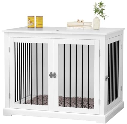Hundebox Möbel mit Kissen, Hundebox Beistelltisch Groß, Indoor Hundezwinger, Hundehaus, Hundekäfige für große Hunde, Möbelstil Hundebox mit Klappdeckel, Kauwiderstandsfeste Metallstäbe, Weiß(L)