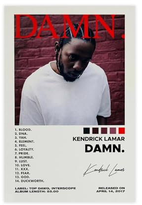 Yeepi Kendrick Lamar Poster con copertina di album DAMN. Poster su tela, decorazione per camera da letto, sport, ufficio, stanza, regalo, senza cornice, 30 x 45 cm