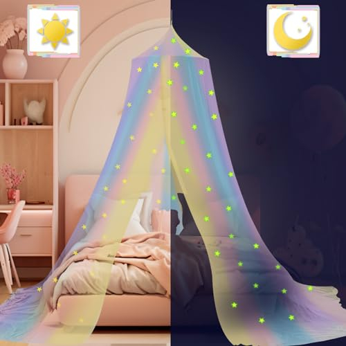 SESAMIS Kinderzimmer Baldachin für Mädchen - Katzenmuster Kinderbett Himmel für Hausbett und Einzelbett - Traumhafte Schlafzimmer Dekoration für Kinderzimmer (Art Deco, Regenbogen)