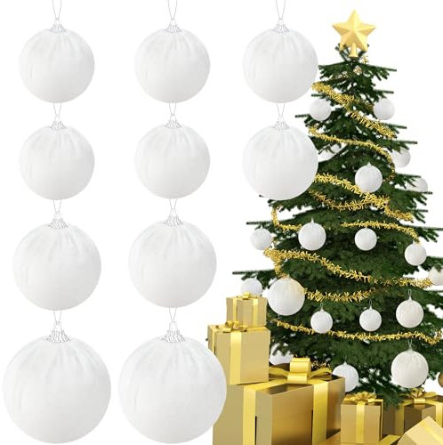 Gresorth 10 Pezzi Velluto Fatto A Mano Ornamento Plastica Antisfondamento Tessuto Avvolto Palla Floccato Natale Appeso Albero Casa Camino Bianco