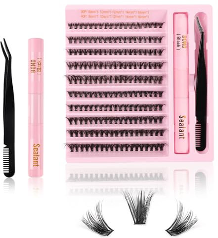 Kiusatig Künstliche Wimpern Extensions Set 190 PCS Cluster Lashes Extension Set mit Pinzette und Wimpernkleber Dauerhaft D Curl 8-16mm Natürliche Wimpern Einzeln Wimpernverlängerung(30D+40D)