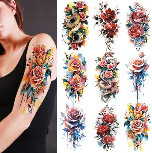 9 Fleurs Tatouage Temporaire, Aquarelle Rose Serpent Tatouage Autocollant, Tatouage De Fleur Durable, Maquillage Corps Art ImperméAble Faux Tatouage Pour Femme MâLe Fille Demi - Bras Tatouage