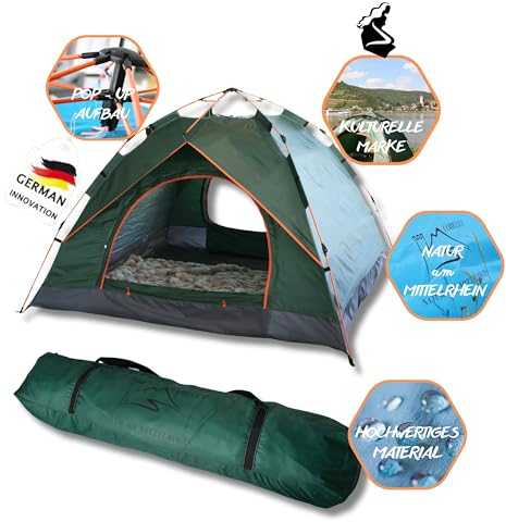 Loreley® Zelt Natur am MITTELRHEIN Germany Premium für 2-4 Personen - wasserdicht - schneller & Leichter Aufbau - Ultralleicht & kleines Packmaß - Camping-Outdoor-Festival-Angel-Motorrad (Grün)