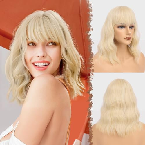 FESHFEN Wellig Bob Perücke mit Pony - 35cm Platinblond Wellen Schulterlänge Perücken für Damen Frauen Synthetik Kunsthaar Haarperücke für Alltag Karneval Fasching