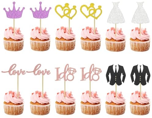 Wedding Cupcake Toppers, 12Pcs Glitter Love Heart I do Ring Cake Toppers Groom and Bride Cupcake Picks for Bridal Shower Wedding Engagement Hen Party Cake Decorations A7HLCP