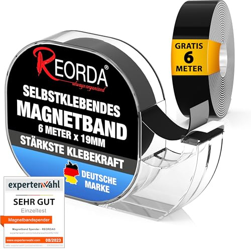 REORDA® Magnetband selbstklebend im Spender (12 Meter) - Magnetstreifen - Magnetklebeband hervorragend für Postkarten, Fotos & Whiteboards geeignet