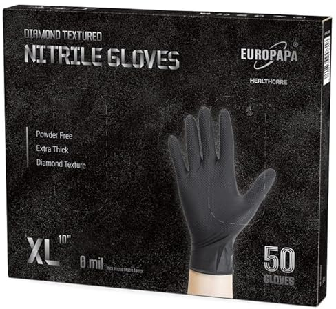 EUROPAPA® 50x extra dicke Nitrilhandschuhe DiamantGrip Diamant Perfect Grip Einweghandschuhe Montageschutzhandschuhe puderfreier latexfreier Arbeitshandschuhe (8 mil, XL, Schwarz)