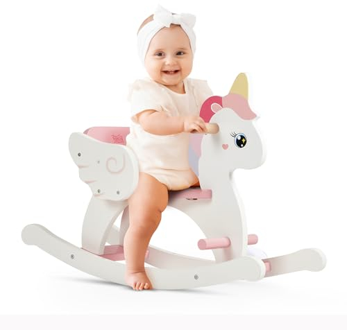 FUNLIO Caballo Balancin de Madera Unicornio para Bebés de 0,5 a 3 Años, Caballito Balancin para Bebes con Cinturón de Seguridad y Respaldo, Fácil de Montar, Juguete para Niños, Certificado CE-Rosa