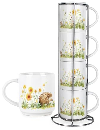 Hedgehogs Stacking Mugs Set - Countryside Wildflife Woodland Creatures - Ceramic Tea/Coffee Cups - Drinkware Mug Gift Set with Metal Stand/Holder Set of 4