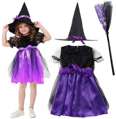 Hendpock Disfraz Halloween Niño,Disfraz Bruja Halloween Niña Falda Tul Disfraz de Calabaza con Gorro y Escoba de Bruja Bolsa de Recogida para Cosplay de Halloween Fiesta de Carnaval