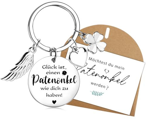 BOOMTOP Bester Patenonkel Geschenk Fragen Schlüsselanhänger Glücksbringer Kleeblatt Schutzengel Glück ist einen Patenonkel wie dich zu haben Taufe Geschenkidee mit Karte Umschlag