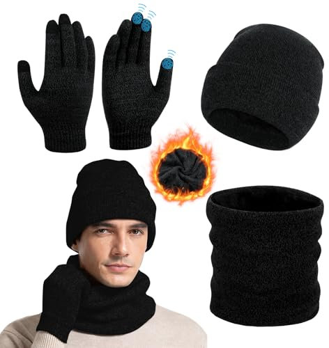 Figarge 3 Stück Mütze Herren Damen Wintermütze Schal Handschuh Sets Thermo Fleece gefüttert Schnee Strickmütze, 3 in 1 Winter Mützen Touchscreen Handschuhe Halswärmer Snood Set (Solides Schwarz)