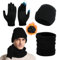 Figarge 3 Stück Mütze Herren Damen Wintermütze Schal Handschuh Sets Thermo Fleece gefüttert Schnee Strickmütze, 3 in 1 Winter Mützen Touchscreen Handschuhe Halswärmer Snood Set (Solides Schwarz)