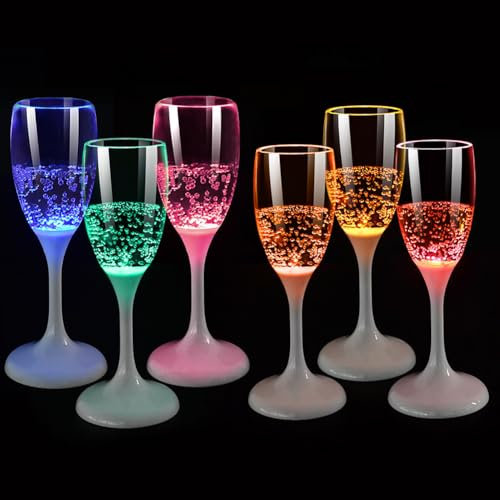 Leuchtende Sektgläser Plastik,6 Stück Sektgläser LED Champagner Gläser Transparent 120ml LED Leucht Cocktailgläser Sektglas Sektkelch Sektflöten für Weihnachten Halloween Geburtstag Party Hochzeit