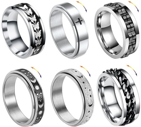ZENGSING 6 Pcs Silber Spinner Ring Herren Fidget Spinner Ringe Edelstahl Fidget Band Ringe Männer Edelstahl Spinner Ring für Herren Damen (Größe 8)