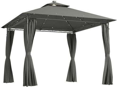 Outsunny 3 x 3 m Garden Gazebo, Double Roof Metal Gazebo with Curtains and Solar-Powered LED Lights, Outdoor Canopy Shelter for Patio, Deck, Dark Grey