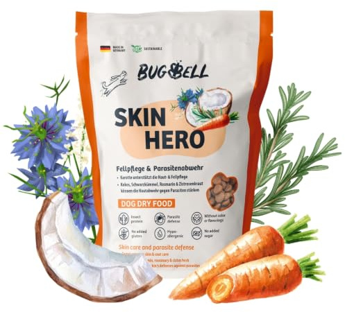 BugBell 800g SkinHero Premium Trockenfutter mit Insekten für Haut & Fell | Hypoallergenes Hundefutter für Haut & Fell – mit Schwarzkümmel, Kokosöl, Zistrosenkraut und Rosmarin