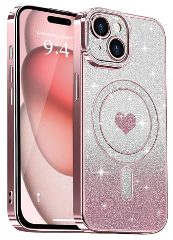 Lafunda Coque Compatible avec iPhone 15 Paillettes Antichoc Cristal Étui Brillant, Compatible avec MagSafe Coque de Téléphone pour iPhone 15 Rose
