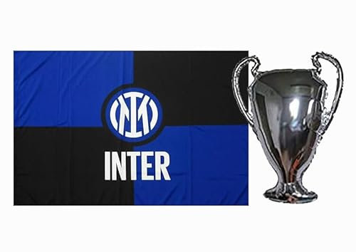 Bandiera Inter UFFICIALE 100x140 cm + Palloncino Coppa dei Campioni CHAMPIONS 70 cm - Kit del tifoso nerazzurro