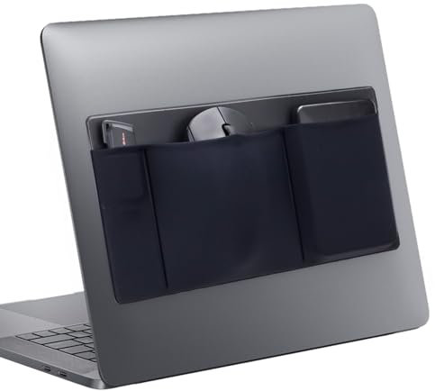 Realand 3-Pocket Laptop Pouch for Mouse & Hard Drive, Adhesive Holder Case Elastic Sleeve Pocket for External Portable SSD, Phone, USB Cable, Pen, Black