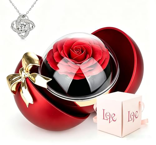 JLLYGOUS Ring Box mit Rose, Spherical Ringbox mit Bow, Konservierte Echte Blume Geschenk Box für Freundin, Frau, Mutter, Ehefrau, Jubiläum, Geburtstag für Frauen, für Sie (Rot)