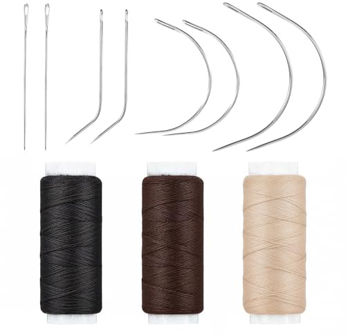 Ledergarn 3 Rollen Reißfestes Wachsgarn 360m mit 8 Sattlernadeln Fingerhut | Ideal für Lederhandwerk, Perückenherstellung & Nähen (Schwarz, Braun, Beige)
