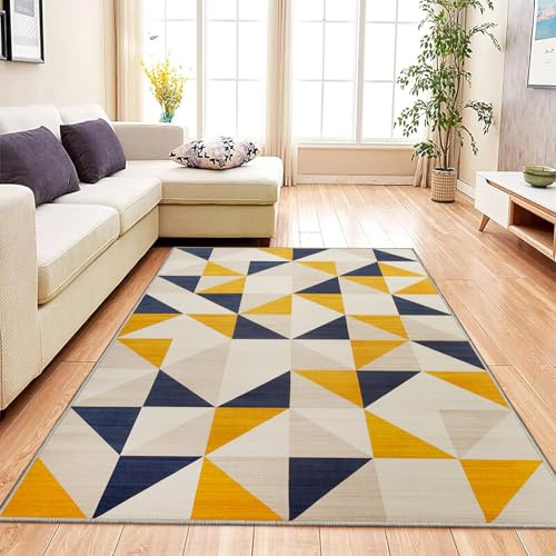Aspire Homeware Rugs living room Bedside Rug 80 x 150 cm – Non-Shedding Floor Playing Mats for bedroom Lounge – Super Soft Geometric Style Printed Yellow Rugs (Brio)