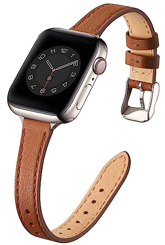 SUNFWR Leather Strap for Apple Watch 42mm(Series 11/10)41mm 40mm 38mm Women | Slim&Thin Genuine Leather iWatch Replacement Elegant Band fits iWatch Series 11 10 9 8 7 6 5 4 3 2 1 SE(Brown&Starlight)