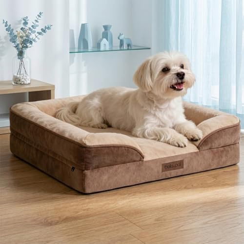 BELLA & PAL Orthopädisches Hundebett, 71x59x16 cm Hundesofa für kleine/mittelgroße Hunde-Hundekissen mit Eierschaum | wasserdichter Einlage | Abnehmbarer Bezug waschbar | Rutschfester Boden, braun