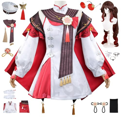 AYIMEIS Genshin Impact Hutao Cosplay Kostüm Set mit Perücke Genshin Verkleidung Hu Tao New Skin Cosplay Uniform Weihnachtstag Halloween Karneval Party Bühnenauftritt Kostüm Erwachsene