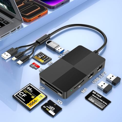 8in1 Multi Kartenleser,USB-C + USB-A + Lightning Speicherkartenleser Adapter Hub SD Card Reader für SD/TF/CF/XD/MS/USB2.0,OTG Kartenleser Hub Adapter mit Windows/Mac/Android/Linux für Fotografie/Vlog