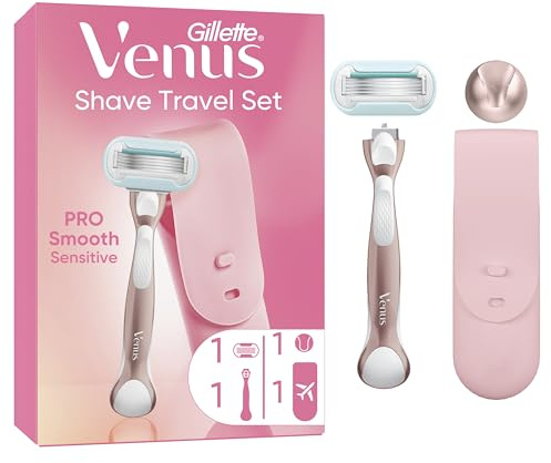 Gillette Venus Pro Smooth Sensitive Damenrasierer für empfindliche Haut, 1 Ersatzklinge, langlebiges Metallhandstück, Duschhalterung und Reiseetui