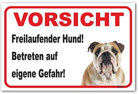 AdriLeo Schild - Vorsicht Englische Bulldogge - Freilaufender Hund - (20x30cm) / Achtung Wachhund robust langlebig UV-beständig wetterfestes Warnschild
