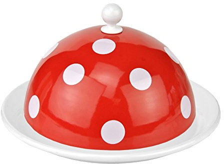Münder Emaille - Butterdose, Teller mit Cloche - nostalgisch - Ø Deckel: 16 cm , Platte Ø 19,5 cm - Farbe: Rot mit weißen Punkten- 2-teilig