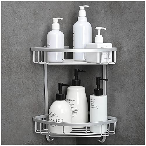 GRICOL Mensola da doccia angolare senza foratura, in alluminio, per bagno, adesivo, per doccia, antiruggine, con 2 ganci per bagno, 2 livelli, colore: argento